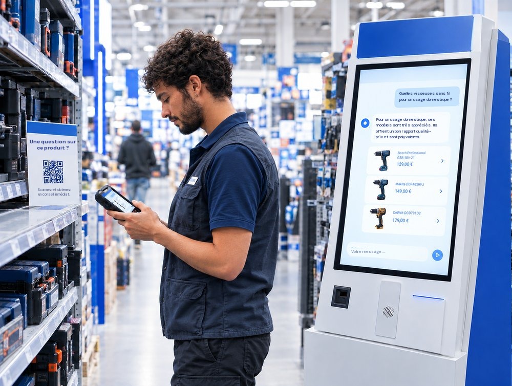 Client utilisant la borne de conseil homie AI dans un magasin de bricolage