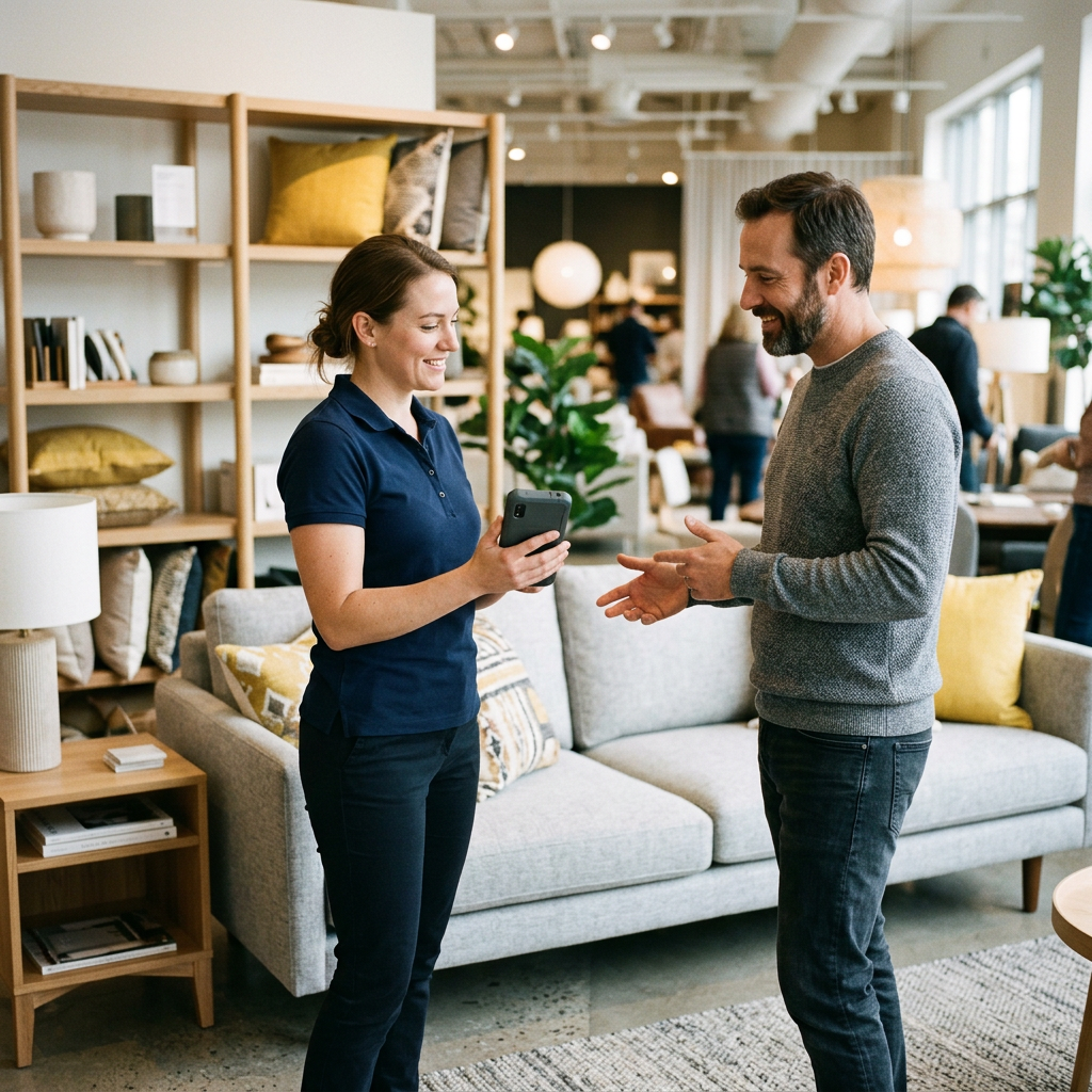 Vendeuse en magasin de meubles consultant des infos produit sur son terminal mobile pour un client