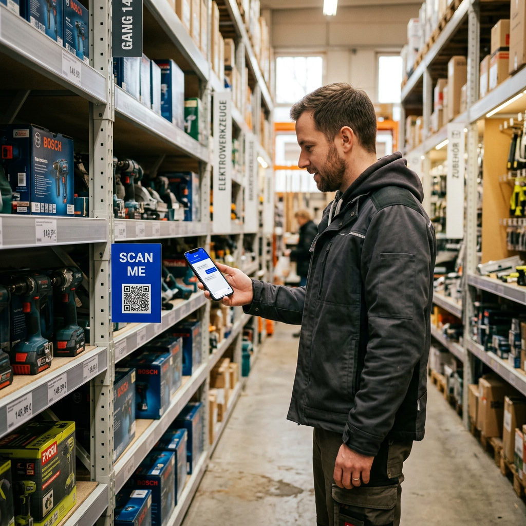 Customer scanning a blue homie QR code on a DIY store shelf with a smartphone
