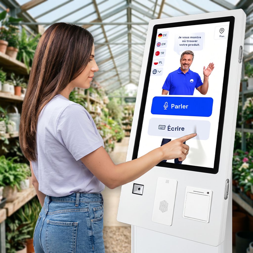 Cliente utilisant la borne de conseil homie AI dans une jardinerie