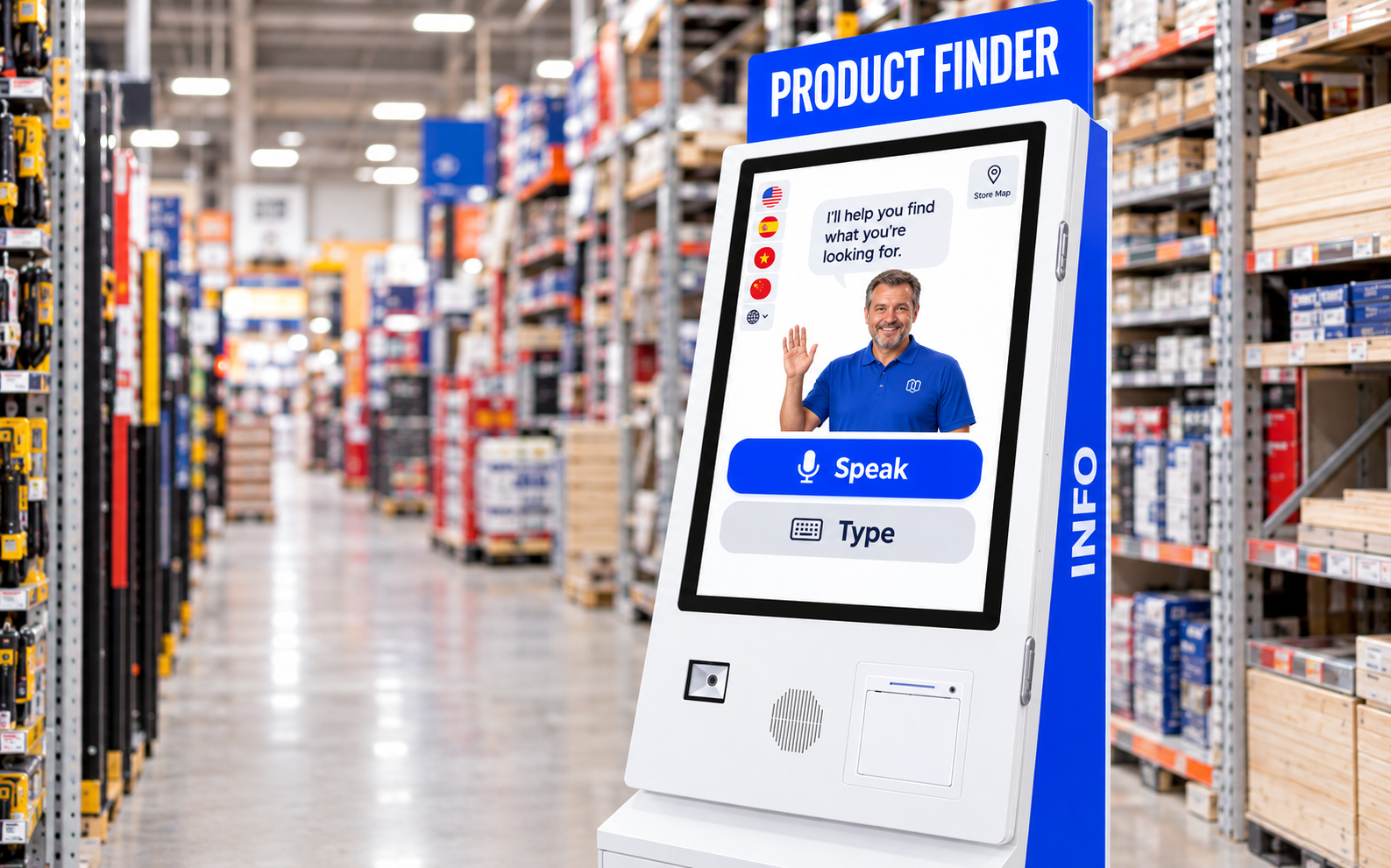homie AI product finder kiosk in a home improvement store aisle, offering voice and text assistance in multiple languages